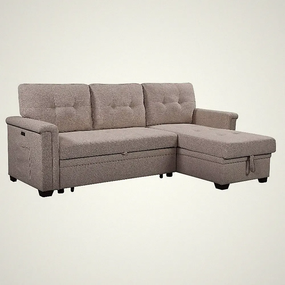 Benjara Ruben 84" Reversible Sleeper Sectional Sofa with Storage Chaise- Gray