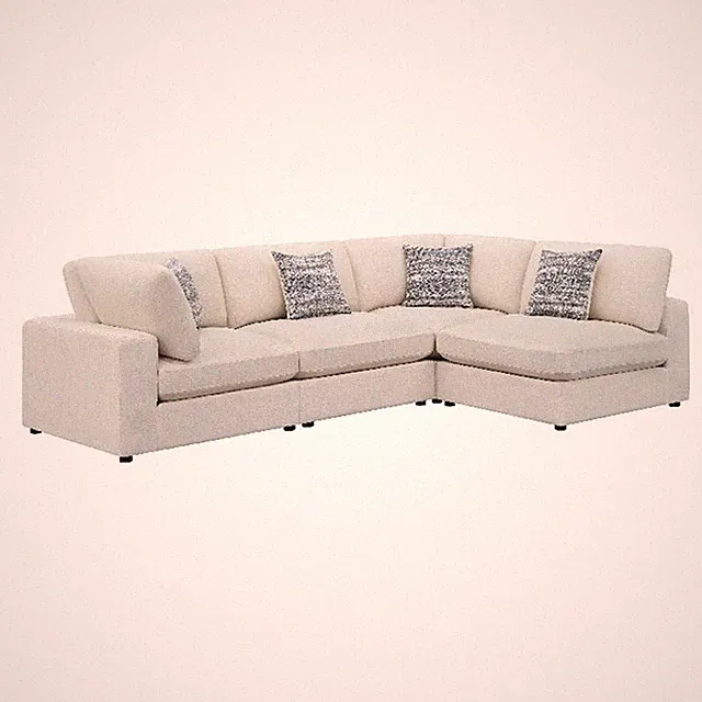 Benjara Serena 4pc Modular Sectional Sofa- 4 Accent Pillows- Beige Jacquard