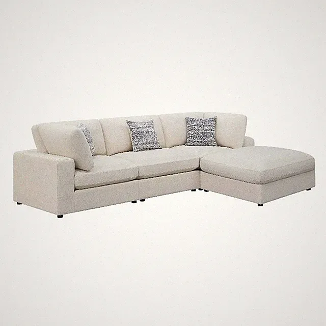 Benjara Serena 4pc Modular Sectional Sofa- Ottoman- 3 Pillows- Beige Jacquard