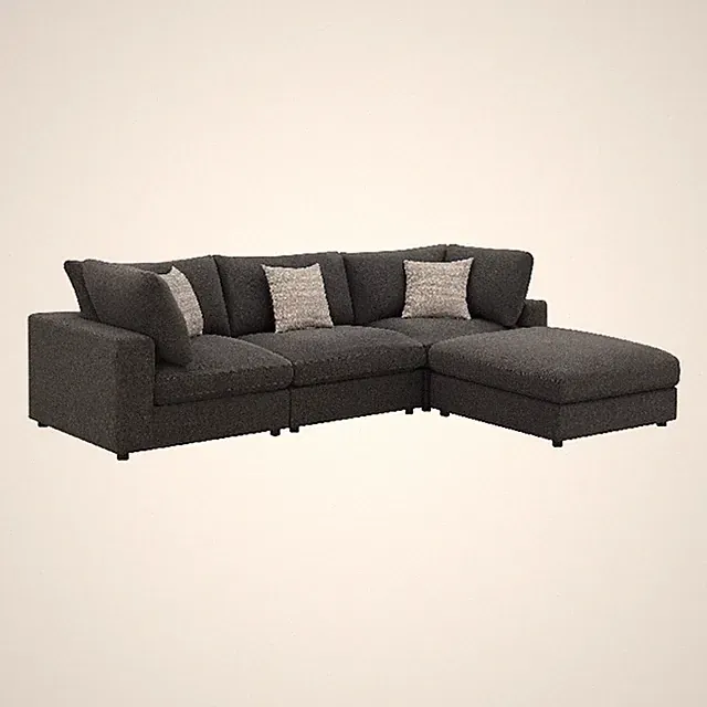 Benjara Serena 4pc Modular Sectional Sofa- Ottoman- 3 Pillows- Gray Jacquard