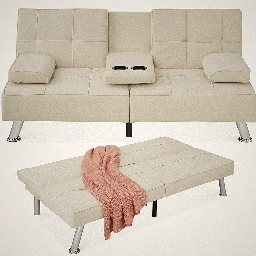 Best Choice Products Linen Upholstered Convertible Sofa Bed Futon 2 Cupholders