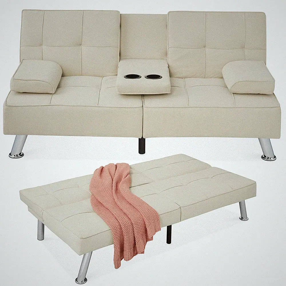 Best Choice Products Linen Upholstered Convertible Sofa Bed Futon 2 Cupholders