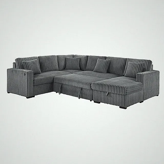Best Quality Furniture 3 Piece Sectional w Pullout Bed in Gray Corduroy Velvet