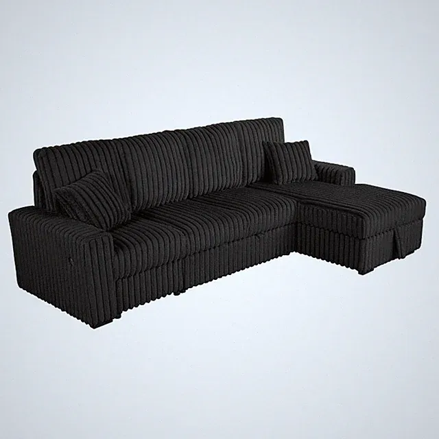 Best Quality Furniture Black Corduroy Fabric 3pc Sectional with Pullout Bed