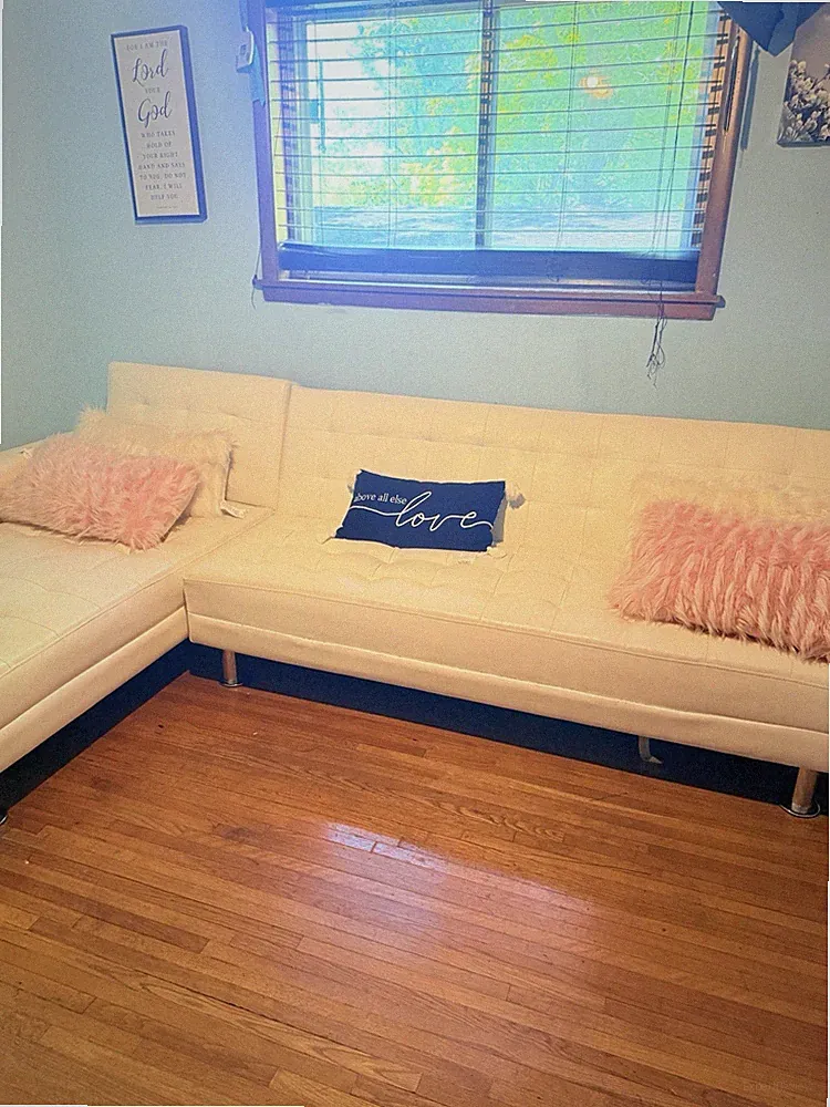 Better Homes White Tufted Leather Sectional Sofa, Glam, Silver Metal Legs