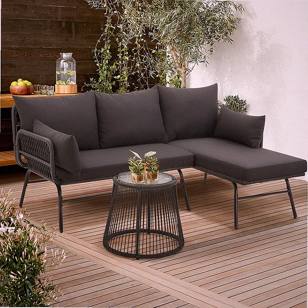 Bezseller 3-Piece Outdoor Patio Furniture Set, L-Shaped Rattan Sectional Sofa wi