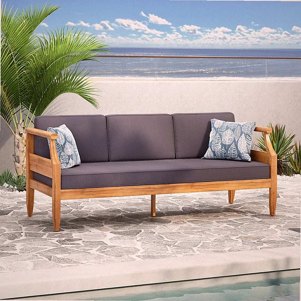 Bianca Outdoor Mid-Century Modern Acacia Wood 3 Seater Sofa, Teak and Dark Gray