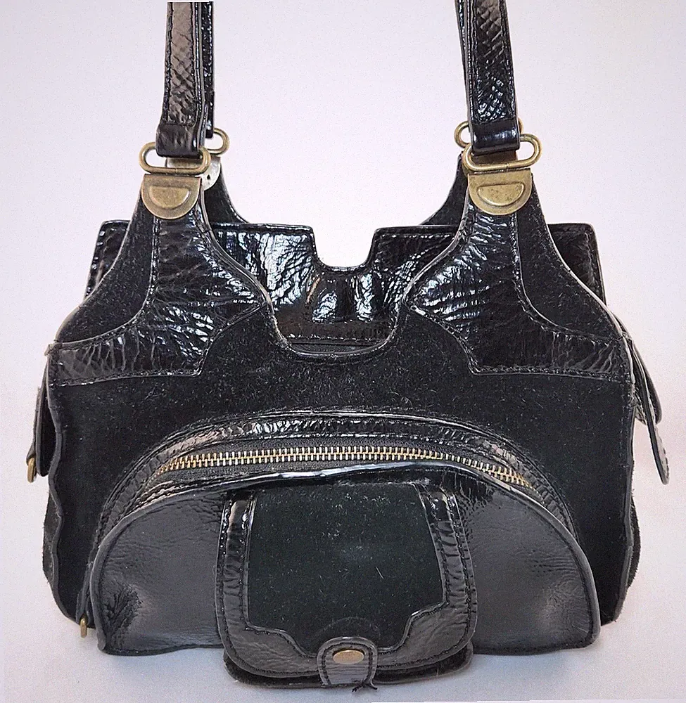 Bica Cheia Anthropologie Black Suede Patent Leather Shoulder Bag 2 Zip Sections