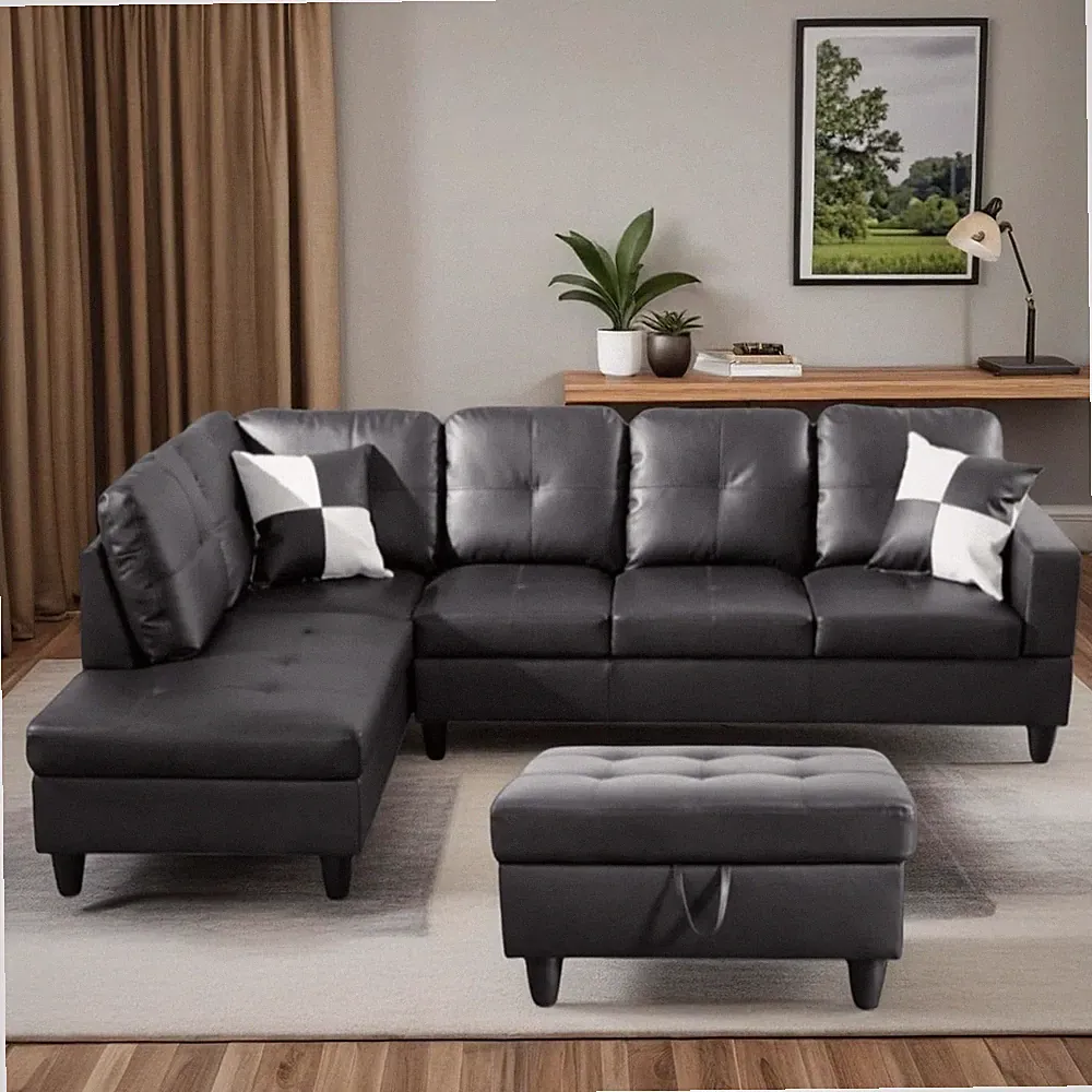 Black 103.5" Leather L-Shaped Sectional Sofa with Storage Ottoman