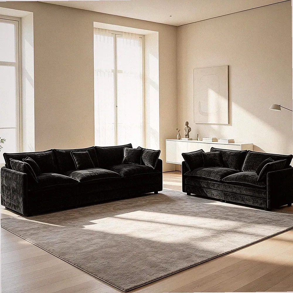 Black 2 Piece Modular Cloud Sectional Sofa Couch and Loveseat Set