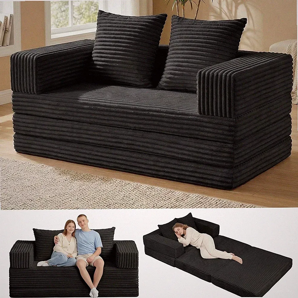 Black 4-in-1 Convertible Loveseat Sofa Bed With Removable Armrests And Pillow