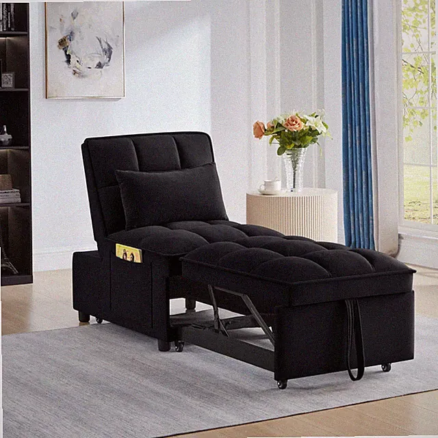 Black 4 in1 Multi-Function Single Sofa Bed Storage Pockets Tufted Single Sofa