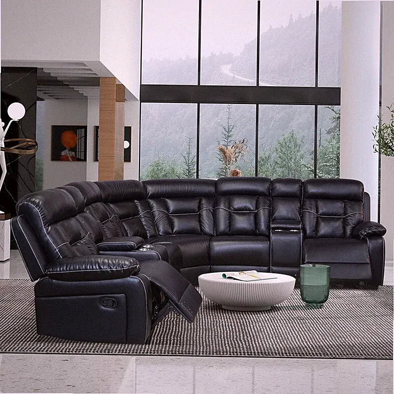 Black 66.92*38.97*38.97'' Faux Leather 5 Seat Sofa Set Manual Reclining Loveseat