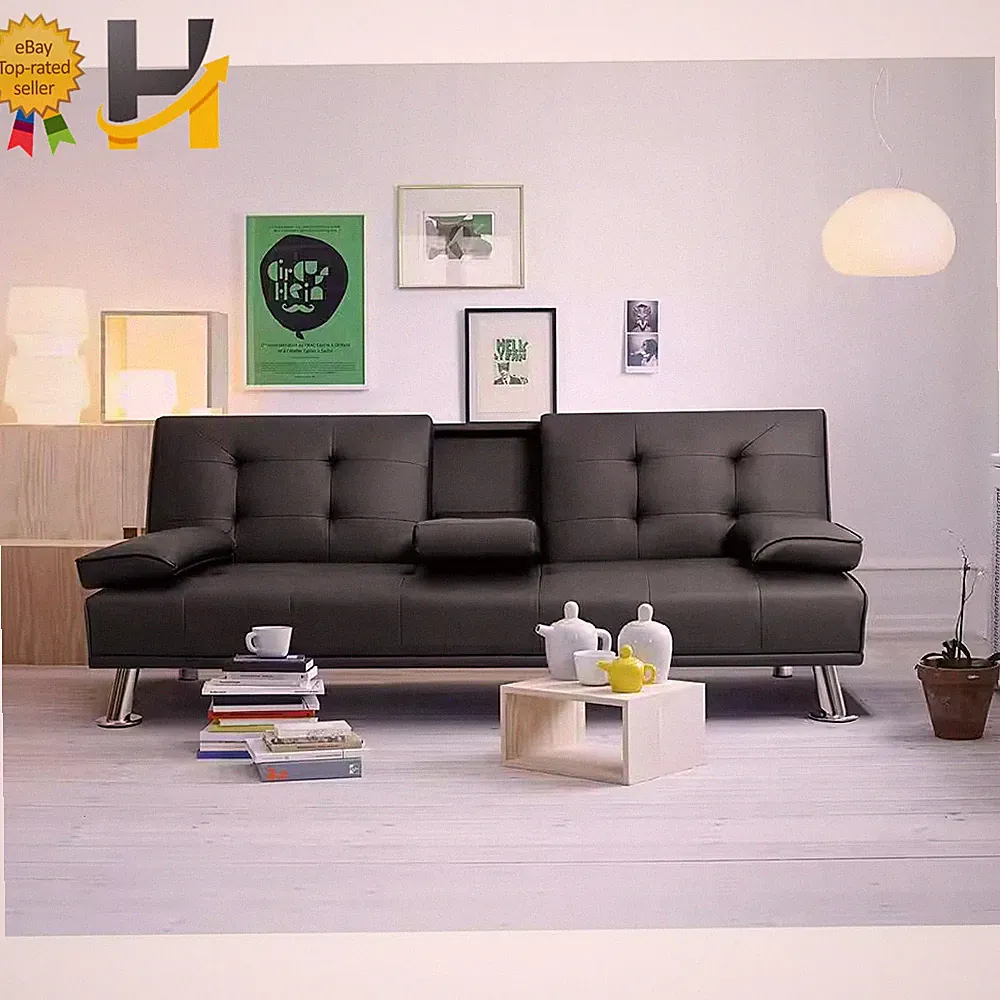 Black 66" Faux Leather Upholstered Convertible Folding Futon Sofa Bed 2 Cupholde