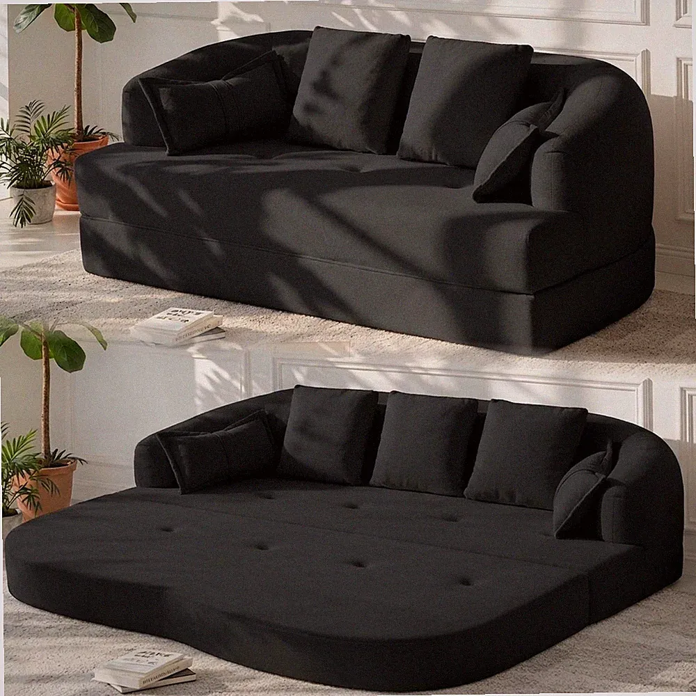 Black 70 Inch Convertible Sofa Bed Chenille Sleeper Futon With 4 Pillows