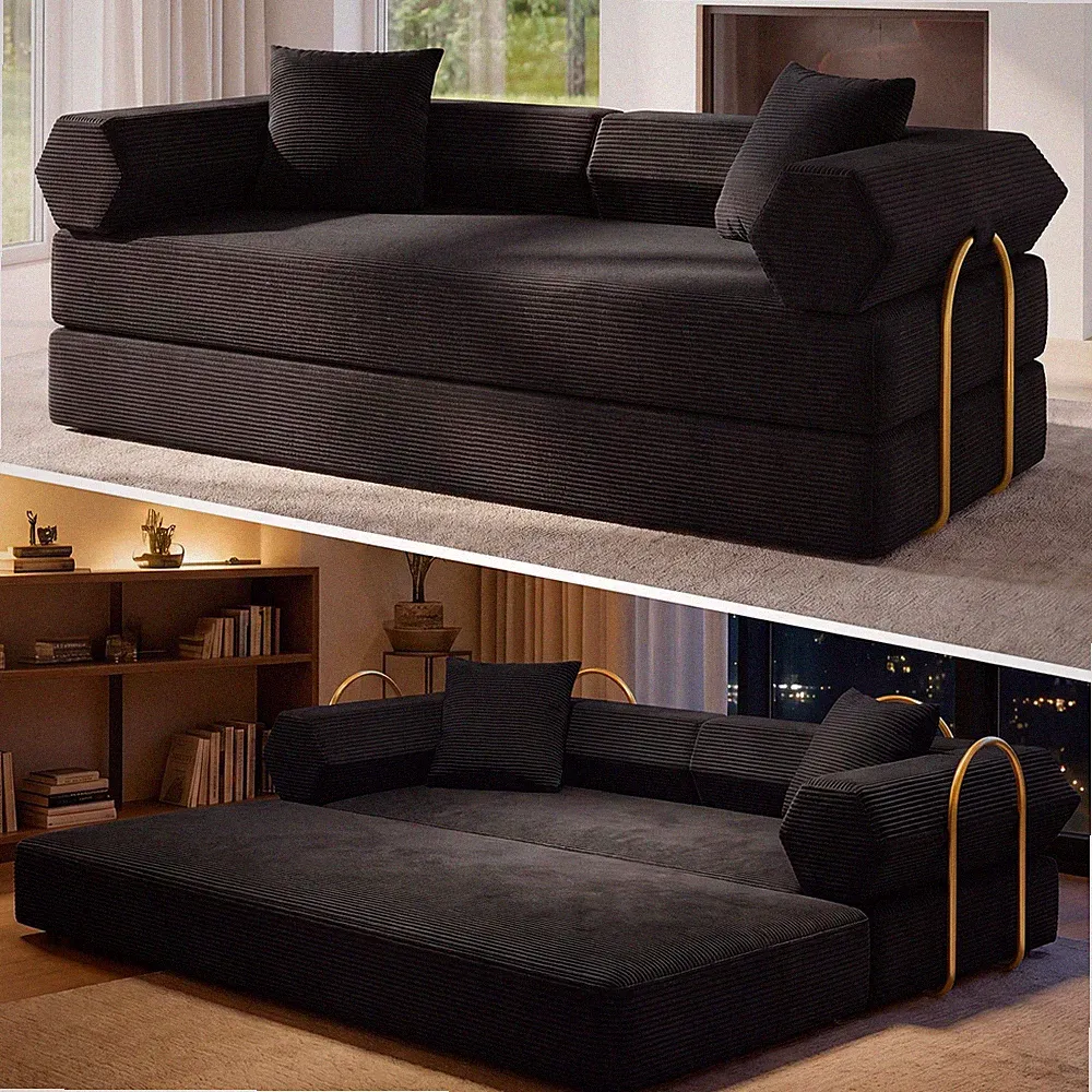Black 78.8 Inch 5 In 1 Convertible Corduroy Sofa Bed With Pocket Spring
