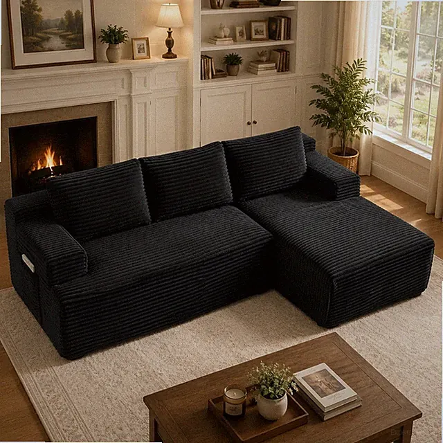 Black 96" L-right Boneless Sectional Sofa Cloud Couch Deep Seat Modern L-Shape