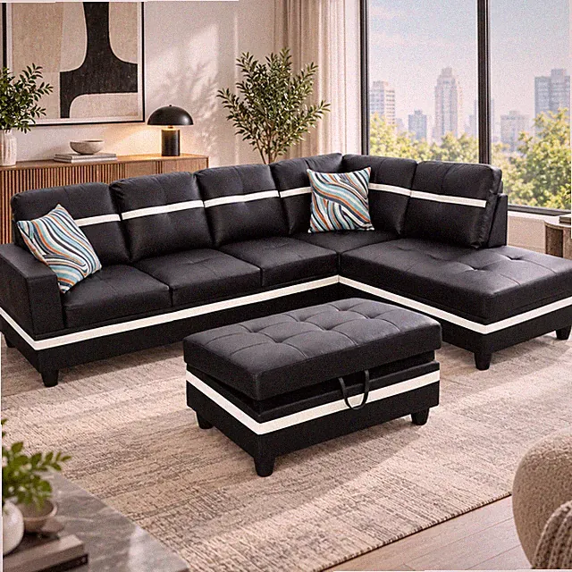 Black And White Semi PU Synthetic Leather 3-Piece Couch Living Room Sofa Set