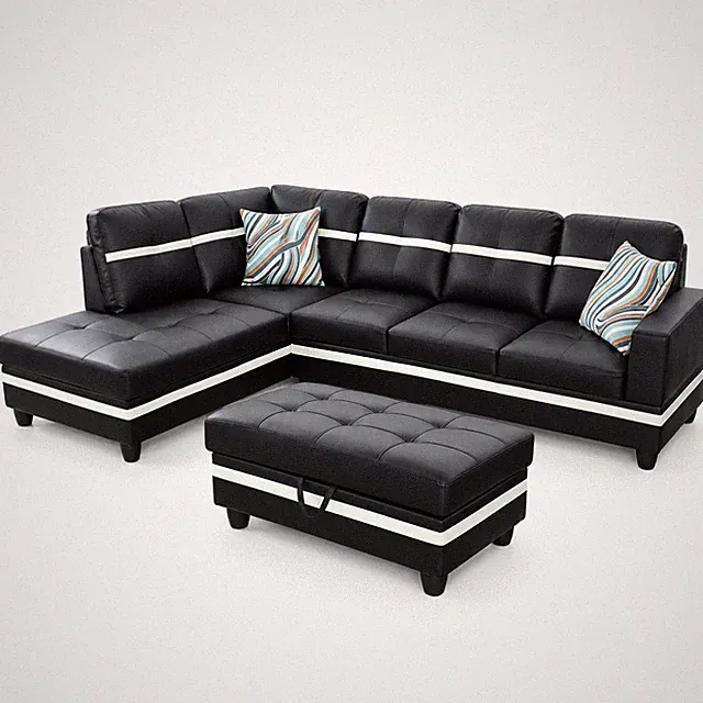 Black And White Semi PU Synthetic Leather 3-Piece Couch Living Room Sofa Set A
