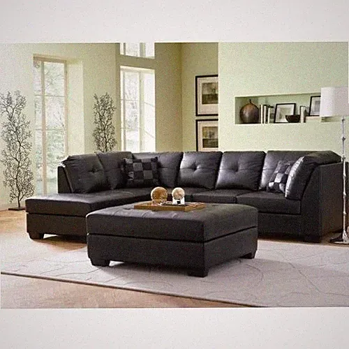 Black Bonded Leather Sectional Sofa with Left Chaise Lounge Living Room