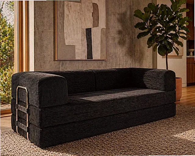 Black Boneless Couch Sofa Bed - 82" Modular Corduroy Convertible Sleeper Sofa...