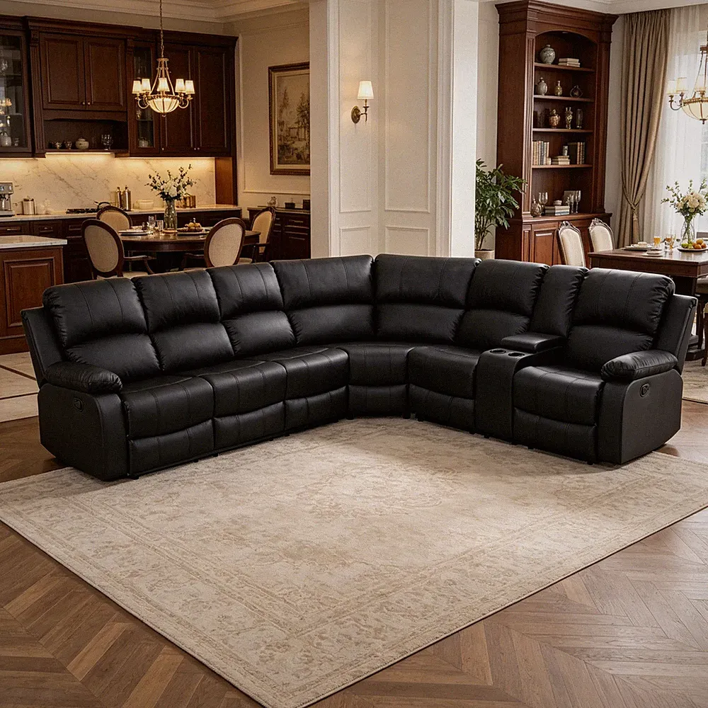 Black Breathable Semi PU Leather Living Room 3Pc Recliner Functional Sofa Set
