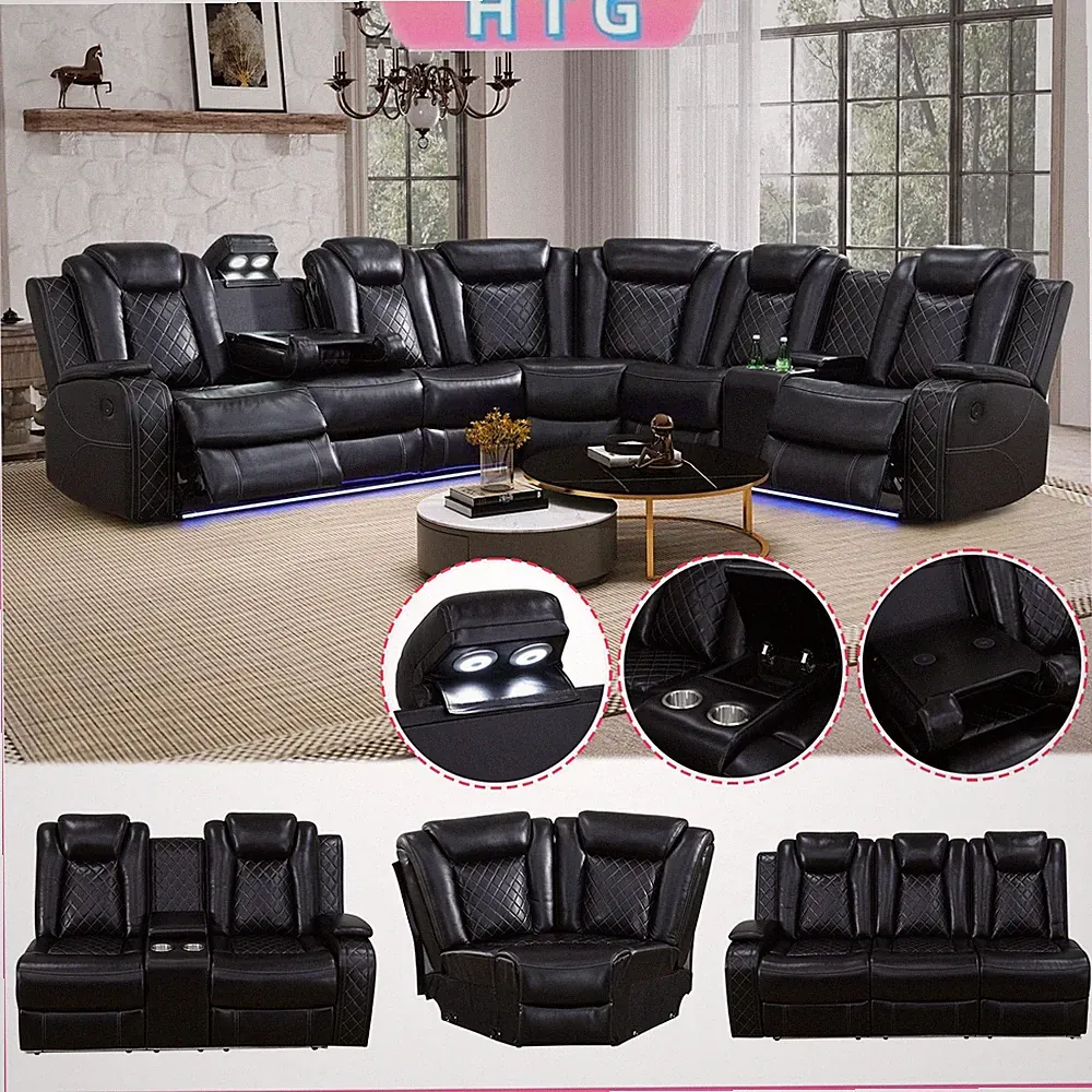 Black Breathing Leather LED Power Recliner Sectional Set w/ Wireless Charging