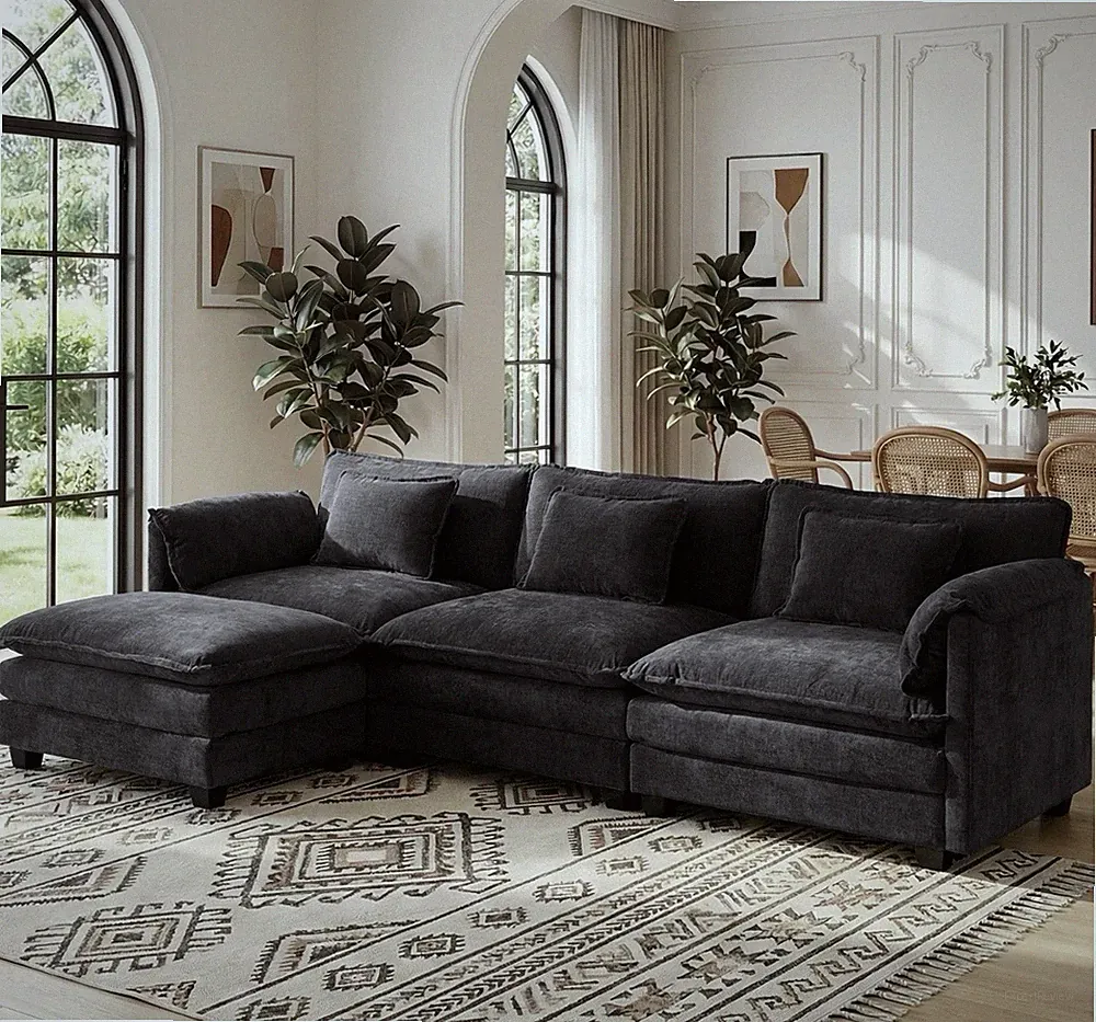 Black Chenille Contemporary Sectional Sofa, Double-upholstered, Seats 4, 113in