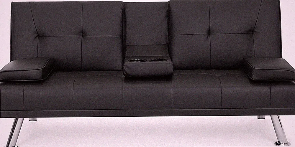 Black Chrome Faux Leather Reclining Couch Futon Sofa Guest Bed Fold Out Arm Rest