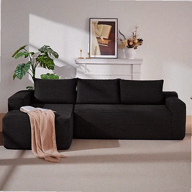 Black Cloud Sectional Couch L-Shaped Deep Seat Corduroy Modular Sofa Modern