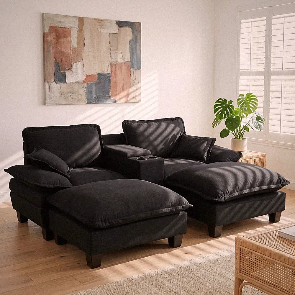 Black Cloud Sectional Sofa with Ottomans, USB Ports, Cup Holders, Hidden Storage