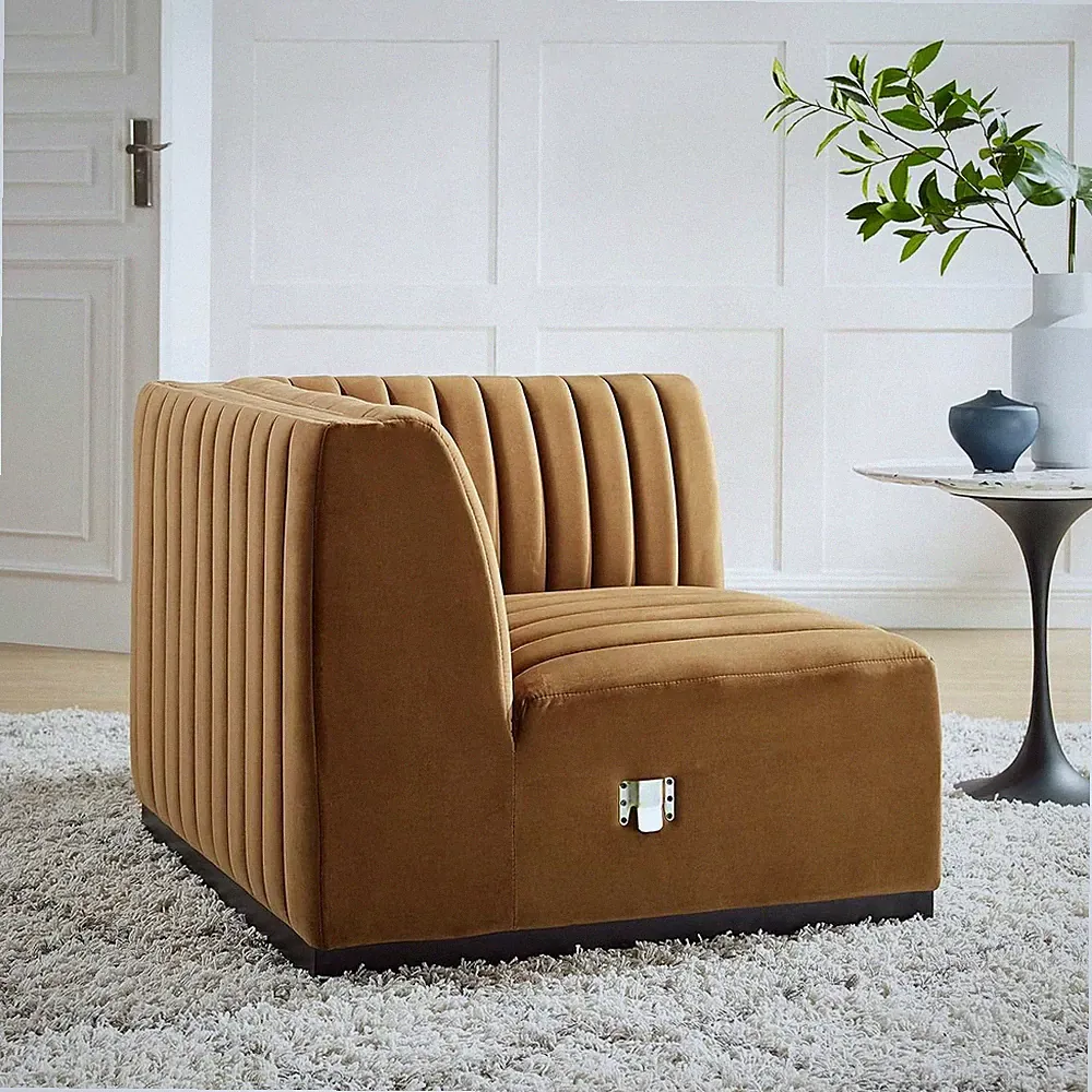 Black Cognac Performance Velvet Sectional Sofa Right Corner Chair