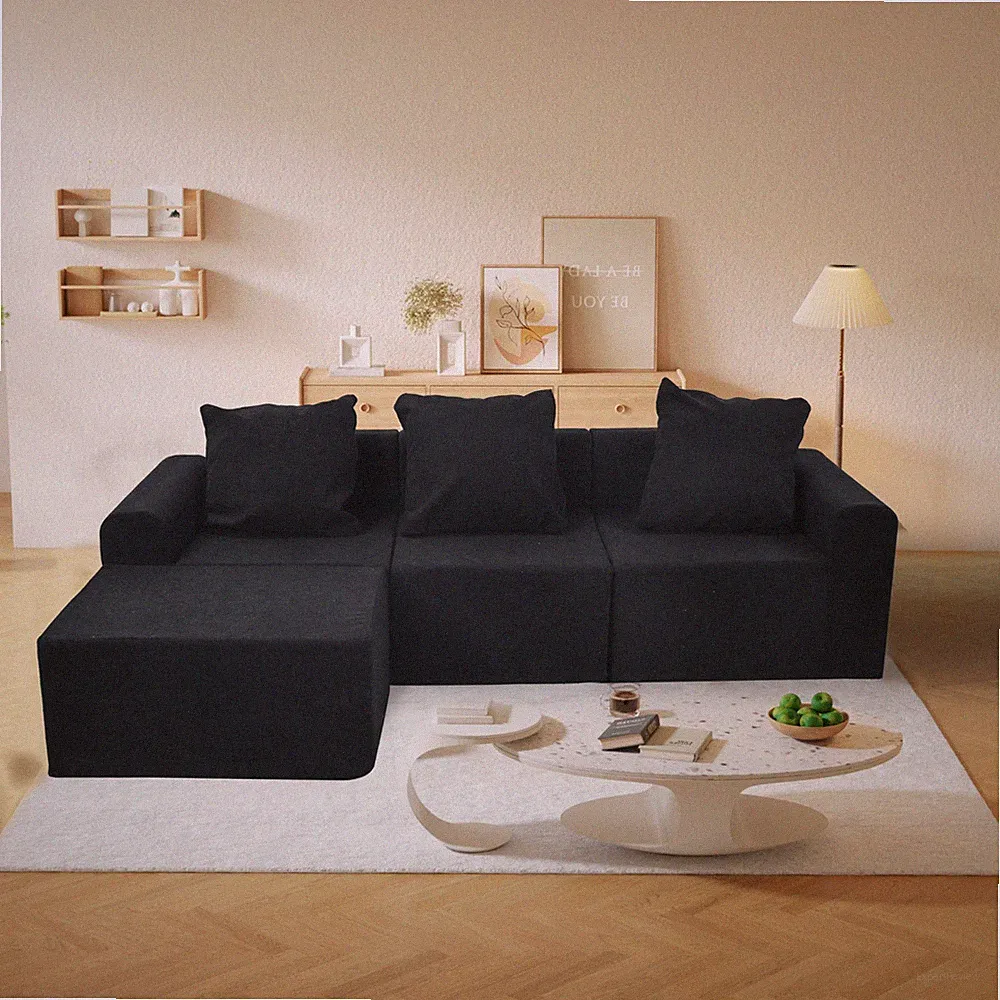 Black Convertible Modular Sectional Sofa Set Popular Microfiber Fabric Sofa
