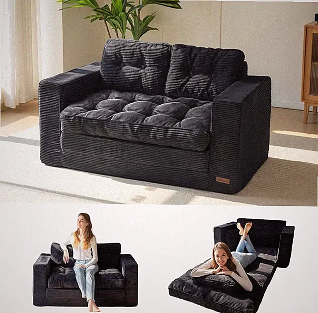 Black Convertible Sofa Bed Pull Out Loveseat Sleeper 2 in 1 Folding Couch Pillow