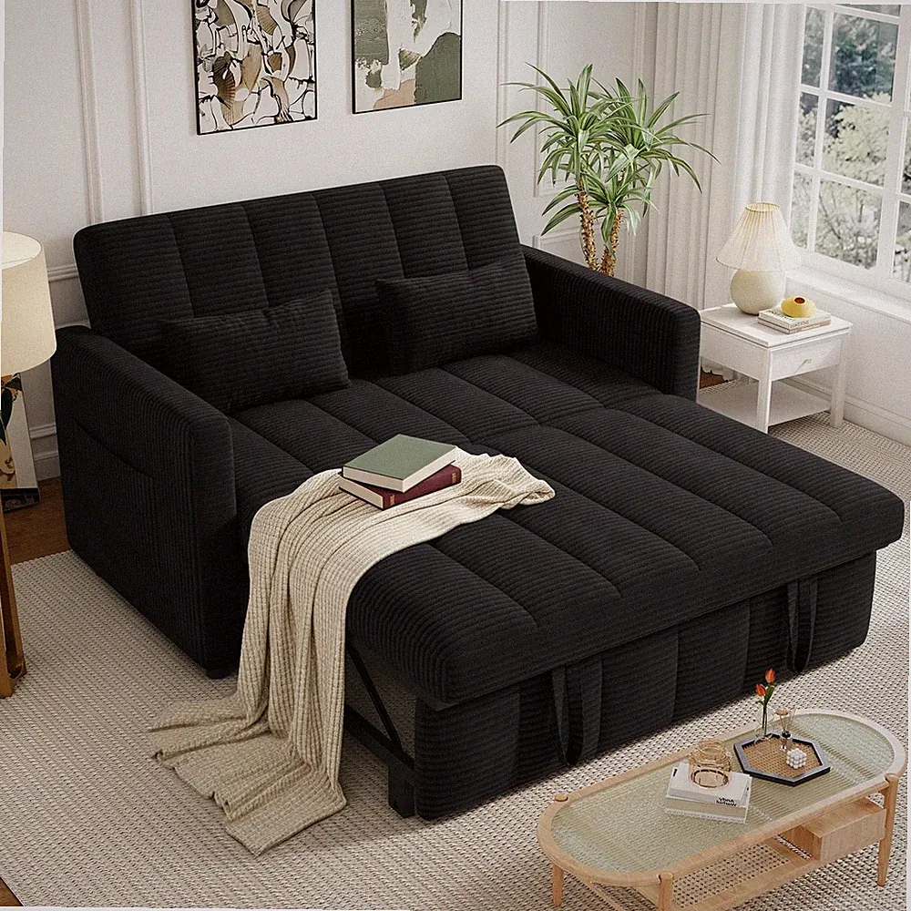 Black Corduroy 3-In-1 Convertible Sleeper Sofa Bed With Adjustable Backrest