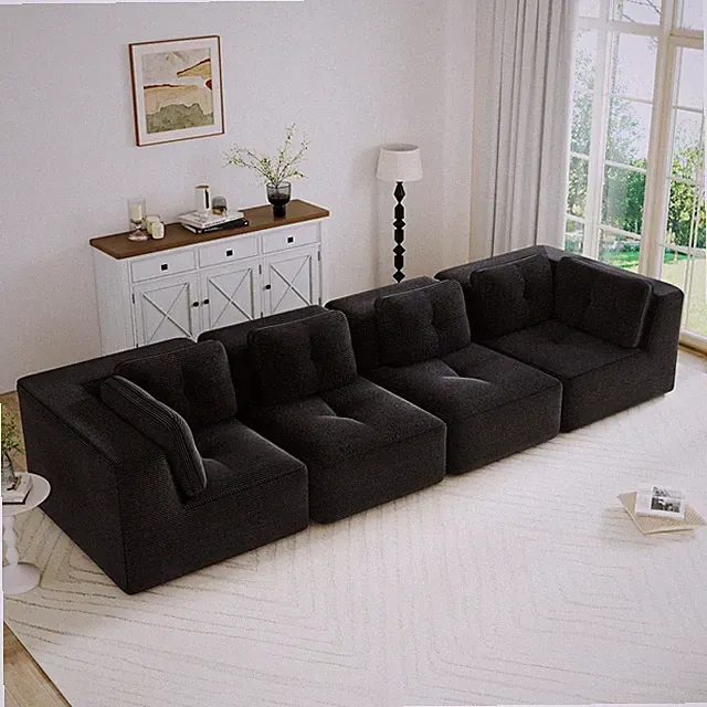 Black Corduroy 4-Seater Modular Sectional Deep Seat Sofa