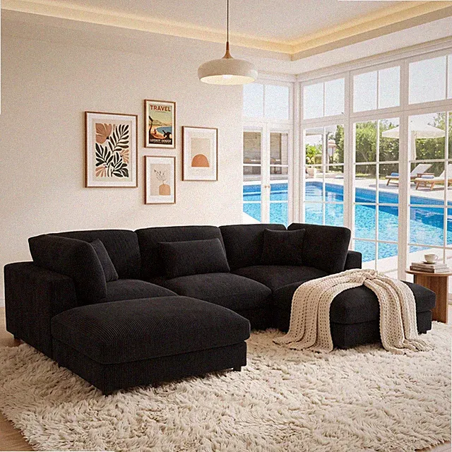 Black Corduroy 5-Seat Modular Sectional Sofa 112"L x 72"W