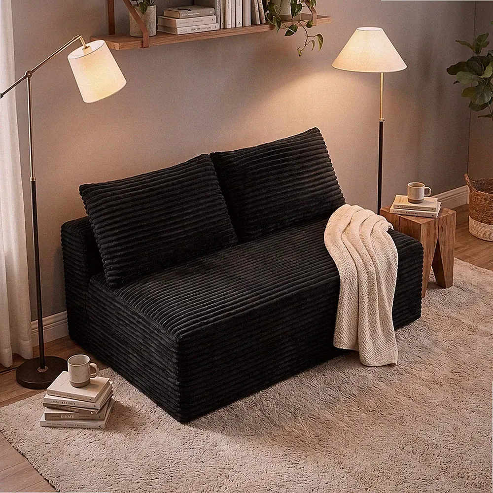 Black Corduroy Armless Loveseat Sofa, 2-Seater Legless Design 57.5"
