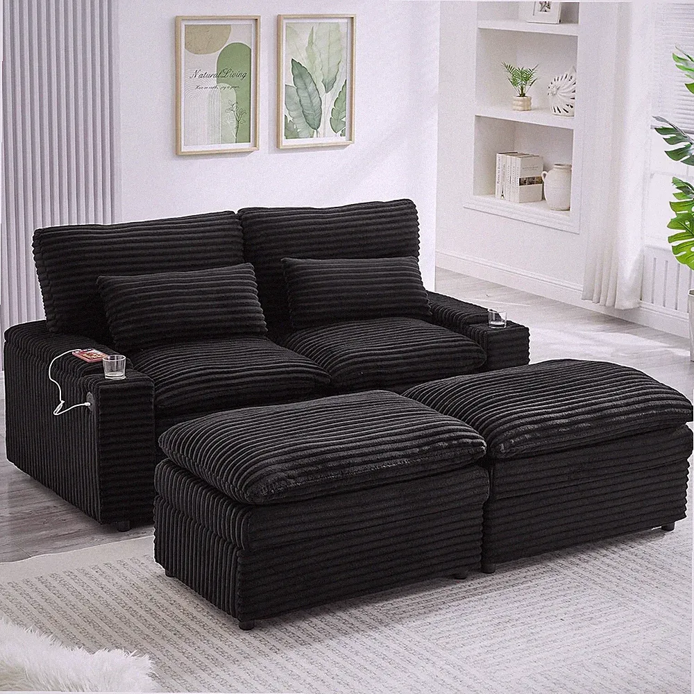 Black Corduroy Convertible Loveseat Sofa with Storage & USB Ports