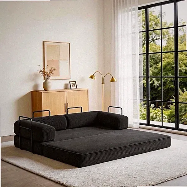 Black Corduroy Convertible Sofa Bed, Metal Frame, Rolled Arms, Double, 78.8"