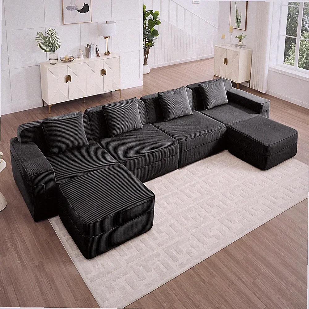 Black Corduroy Modular Sectional Sofa, 4-Seat U-Shape Cloud Couch w/ 2 Ottomans