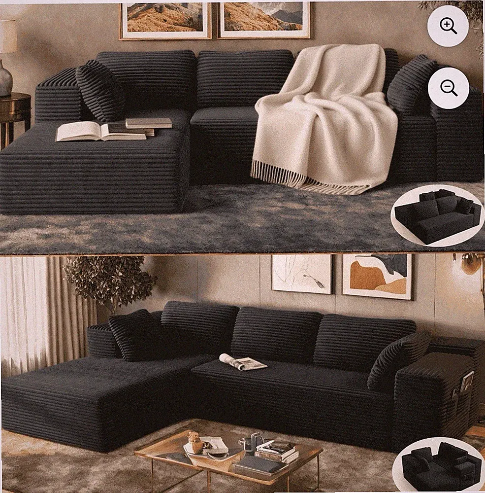 Black Corduroy Sectional Sofa, Foam Fill, Medium Firm, Breathable, Stain Resist...