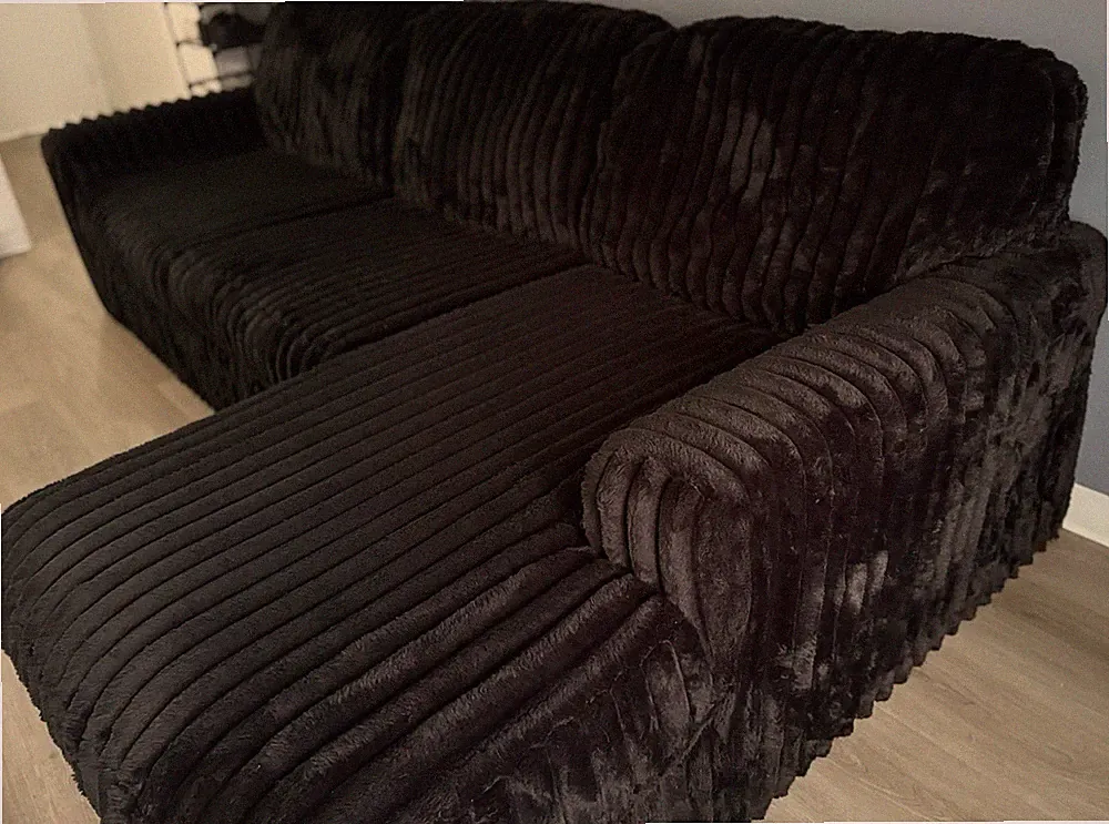 Black Corduroy Sectional Sofa w/ Chaise, 3-Seat High Back Track Arms