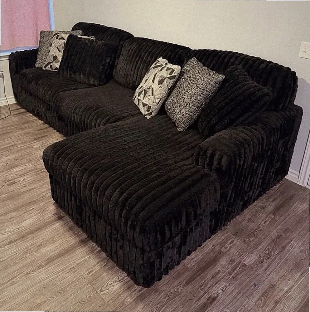 Black Corduroy Sectional Sofa w/ Chaise, Cushions, Solid Living Room