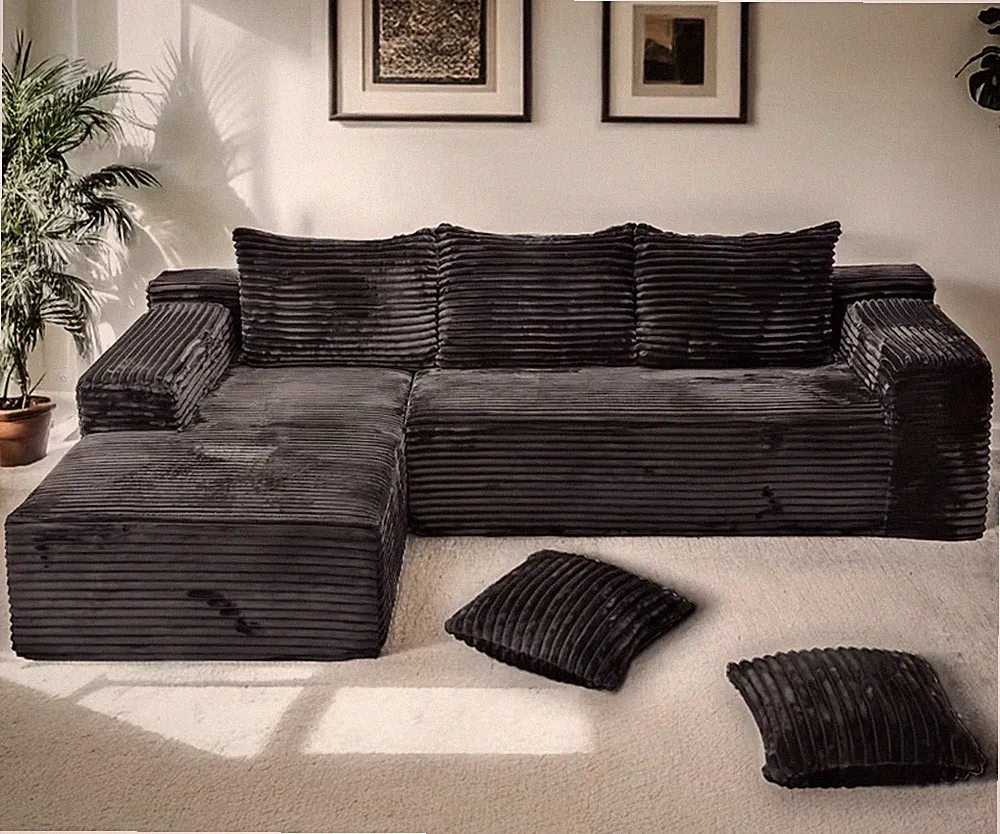 Black Corduroy Sectional Sofa w/ Chaise, Modern Track Arms, Seats 4