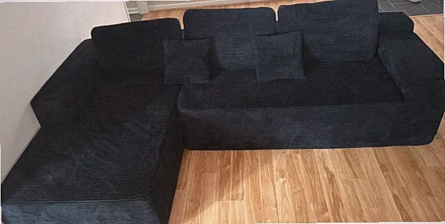 Black Corduroy Sectional Sofa w/ Chaise, Track Arms, Cushions, 3-Seat