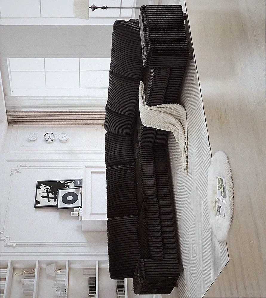 Black Corduroy Sectional Sofa w/ Charging Ports, Cup Holders & Storage