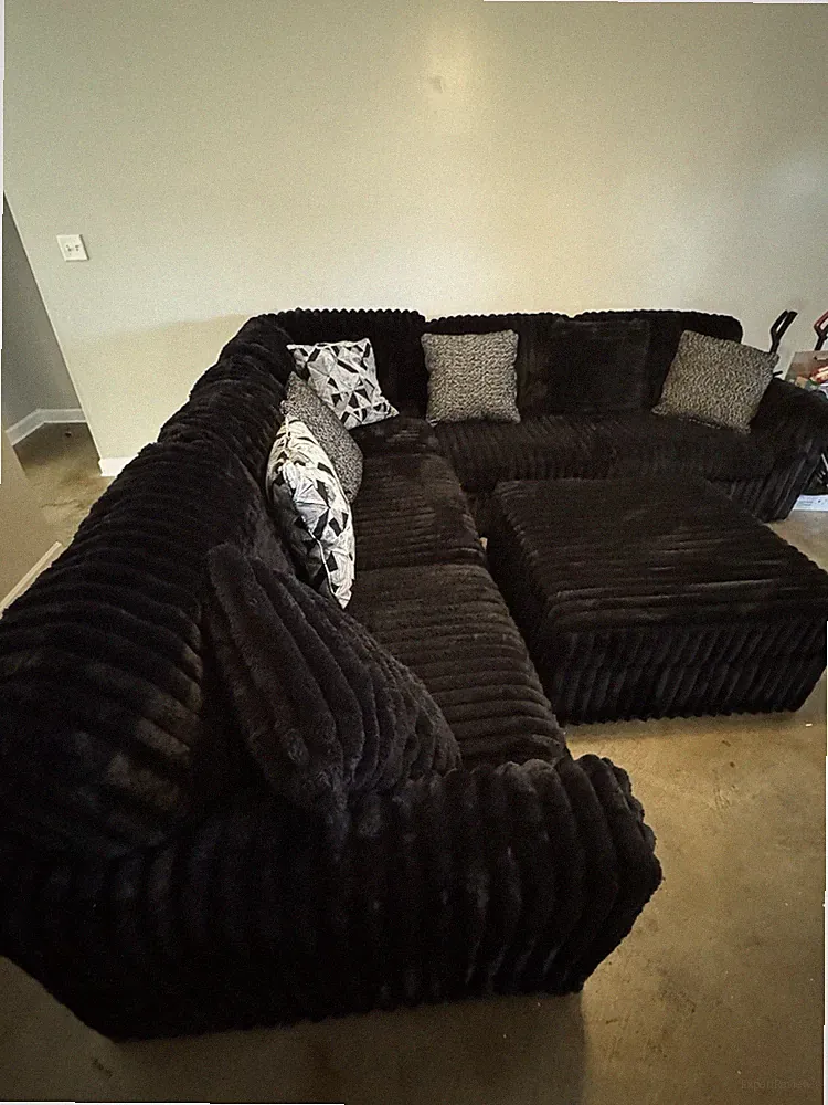 Black Corduroy Sectional Sofa w/ Ottoman, Cushions, Pillow Arms