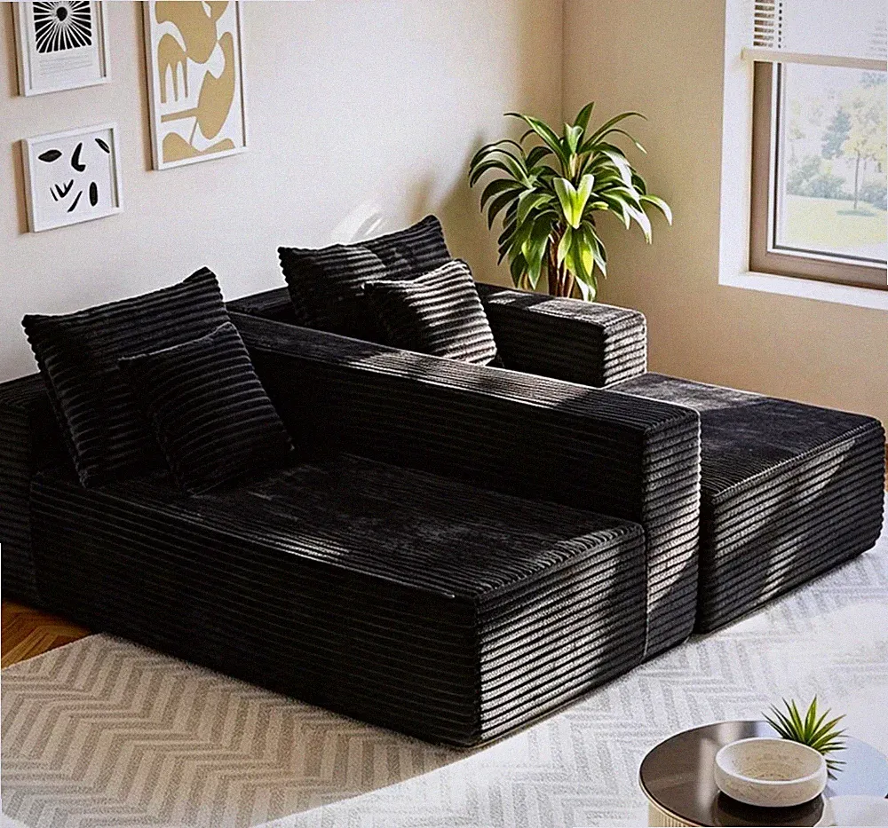 Black Corduroy Sectional Sofa with Chaise 107 in x 70 in Solid Wood Frame