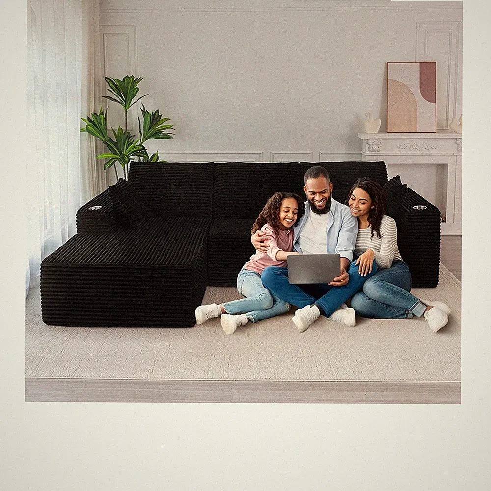 Black Corduroy Sectional Sofa with Chaise & Cup Holder, 103" x 65.1"